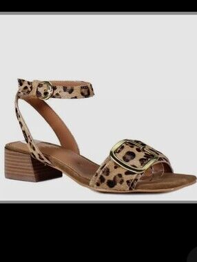 DIBA TRUE Kealah Leopard Calf Hair Low Block Heel Ankle Strap Sandals 7.5 Boho